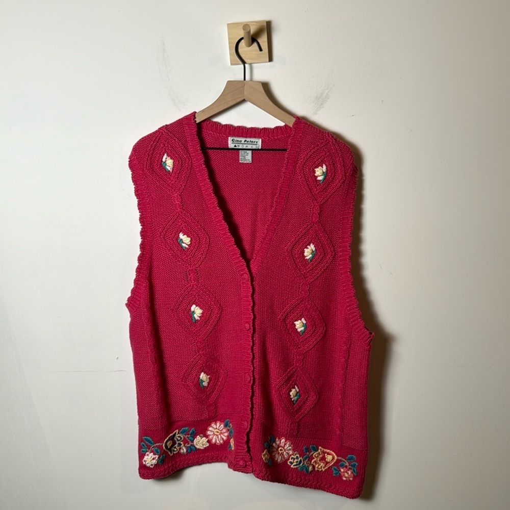 Gina Peters Womens Vintage Pink Floral Print Knit Crochet Button Down Vest 2X